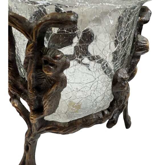 Bronze Monkeys In Tree With Crackle Glass Candle Holder Exotic Wildlife Decor - Picture 10 of 11